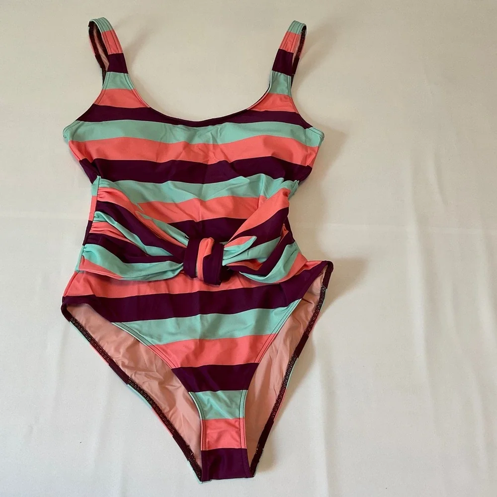Tanya Taylor One Piece Swimsuit Womens M Multicolor Excellent Striped Knot Front